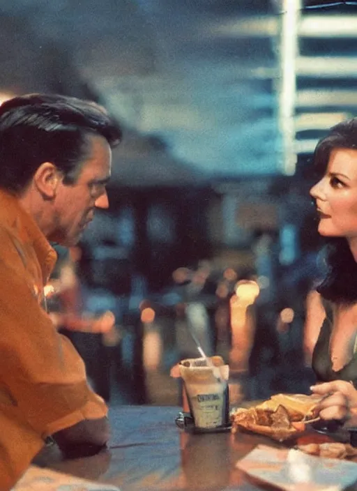 Image similar to a close - up, color cinema film still of a johnny cash talking to a beautiful waitress at hooters, ambient lighting at night.