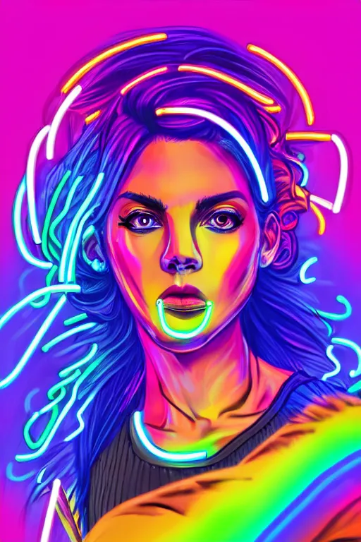 Image similar to a award winning half body portrait of a beautiful woman with stunning eyes in a croptop and cargo pants with smoky hair in rainbow colors, outlined by whirling illuminated neon lines, outrun, vaporware, shaded flat illustration, digital art, trending on artstation, highly detailed, fine detail, intricate