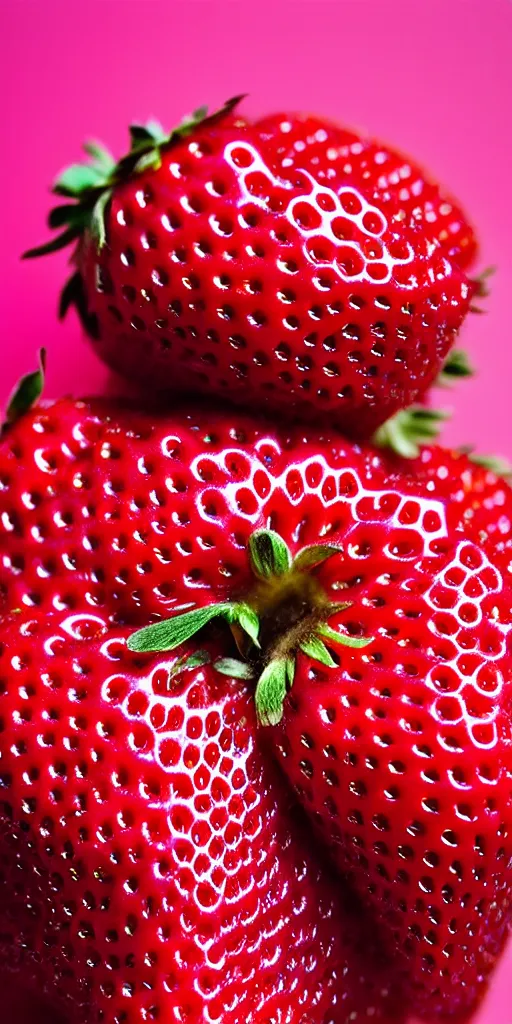 Image similar to a extreme macro photo of a strawberry, hyper realistic, hyper detailed, 35mm, very grainy film, pink volumetric studio lighting, bokeh, black background award winning shot, vogue magazine, cinematic, 8k, very closeup, elegant, tender, pastel W 1024