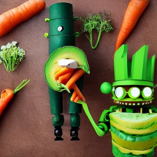 Image similar to robot made of vegetables with big avocado hat and a carrot sword, made in abyss style