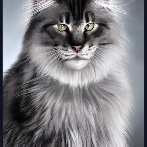 Image similar to a big old menacing dark grey maine coon cat with white belly, white paws and white face markings with long fur and fluffy tail, sitting, intricate, elegant, highly detailed, digital painting, artstation, concept art, matte, sharp focus, illustration, art by Artgerm and Greg Rutkowski and Alphonse Mucha