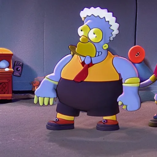 Image similar to claymation film still of roadhog waving to Homer Simpson and Peter Griffin, Tim Burton style