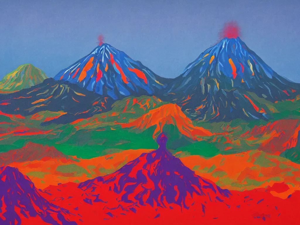 Prompt: Tolkien Lord of the Rings landscape Mount Doom Mordor in the style of David Hockney, abstract, flat, colorful, oil painting a bigger splash