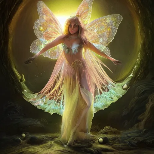 Prompt: concept art of translucent glowing curvy buxom fairy dancing, renaissance, flowy, melting, round moons, rich clouds, very detailed, volumetric light, mist, fine art, decaying, textured oil over canvas, epic fantasy art, very colorful, ornate intricate scales, floor of skulls, fractal gems, 8 k, realistic