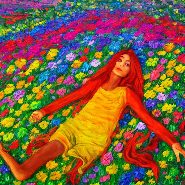 Image similar to rainbow person laying in a flower meadow, colorful oil painting