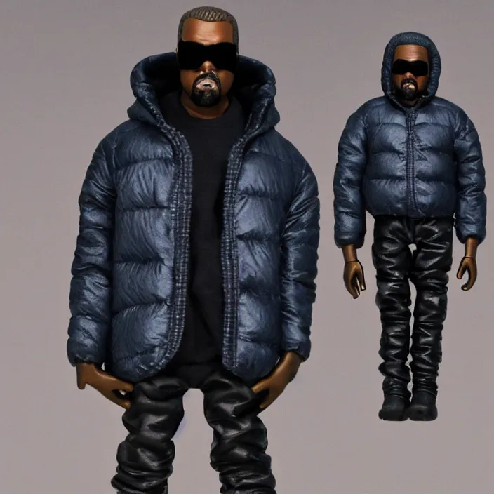 Image similar to kanye west, a goodsmile figure of kanye west using a full face covering black mask, a small, tight, child size reflective bright blue round puffer jacket made of nylon and big black balenciaga rubber boots, figurine, detailed product photo