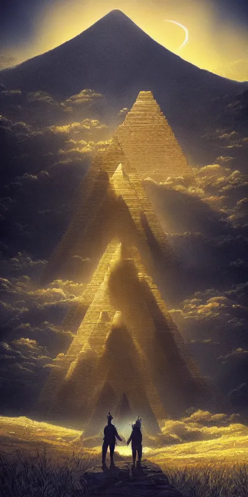 Image similar to symmetry!! they looked in the distant pyramids, ancients, heavenly landscape, serene, peace, very detailed, perfect composition, perfect lighting, 4 k, tim white, artgerm