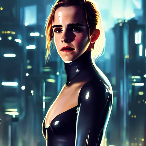 Image similar to a portrait of emma watson wearing skintight latex suit, cyberpunk city in the background as seen by greg rutkowski, light theme, enchanted, warm colors, high quality, waw, trending on artstation