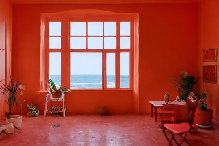 Prompt: a room of a villa with orange walls white floor plants, red piano, a big window with a view of the beach and sea, beautiful cinematic masterpiece very detailed