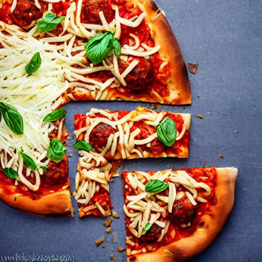 Prompt: a delicious meatball pizza with crust made of semolina spaghetti.