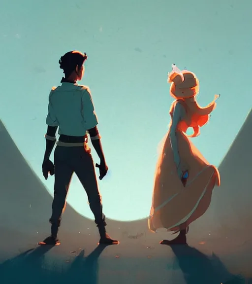 Image similar to a princess and a prince standing face to face by atey ghailan, by greg rutkowski, by greg tocchini, by james gilleard, by joe fenton, by kaethe butcher, dynamic lighting, gradient light blue, brown, blonde cream and white color scheme, grunge aesthetic