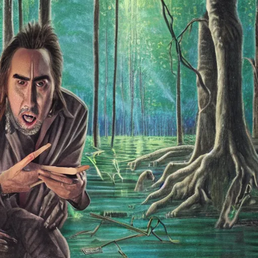 Prompt: a detailed gouche drawing of nicholas cage performing a voodoo magick ritual in the swamps of lousiana, award winning art, artstation, cinematic, magic realism