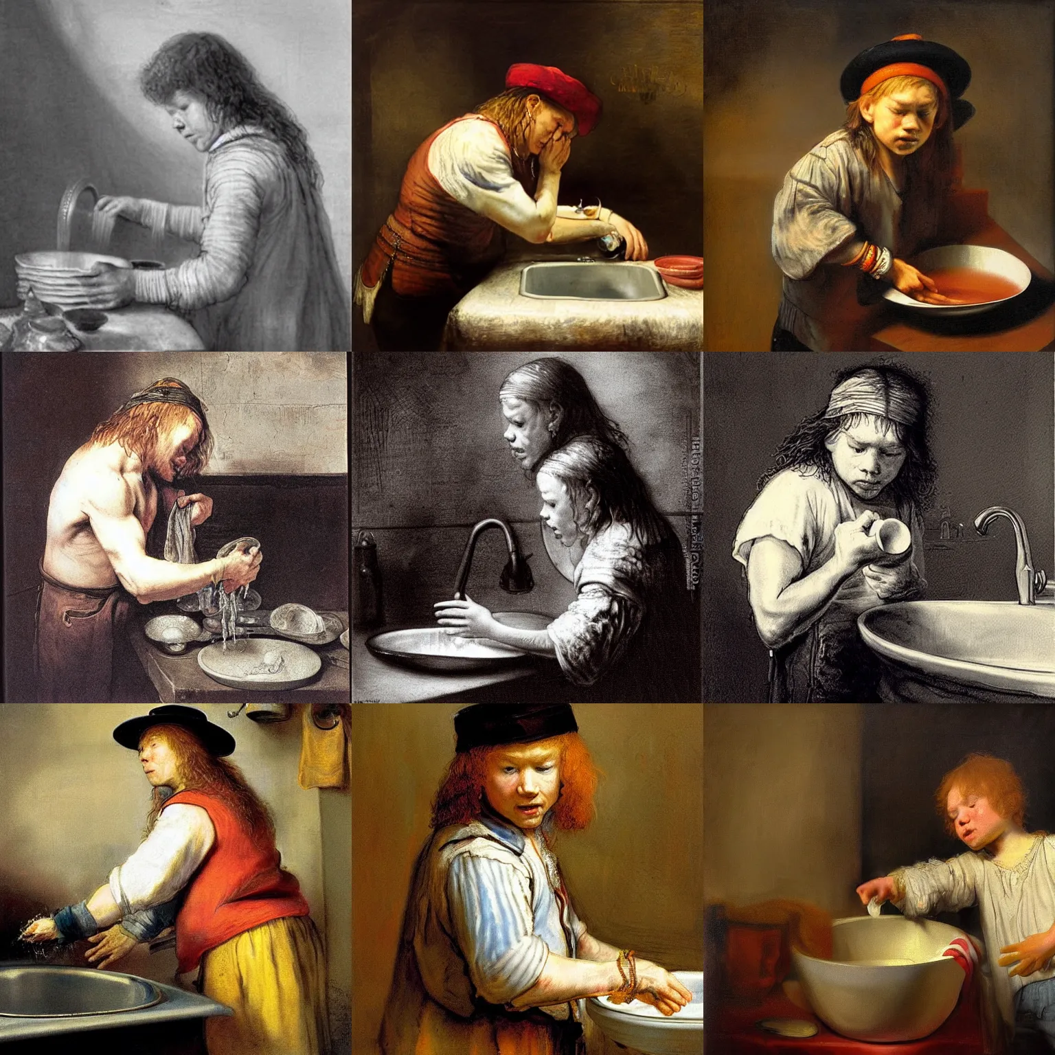 Prompt: young axl rose washing the dishes and crying, by rembrandt