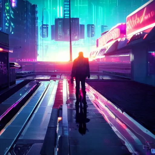 Prompt: « glowing neon lights, sunrise, cyberpunk, alita battle angel, blade runner, rainy, cold, clouds, far view, photorealistic, unreal engine 5, sharp focus »