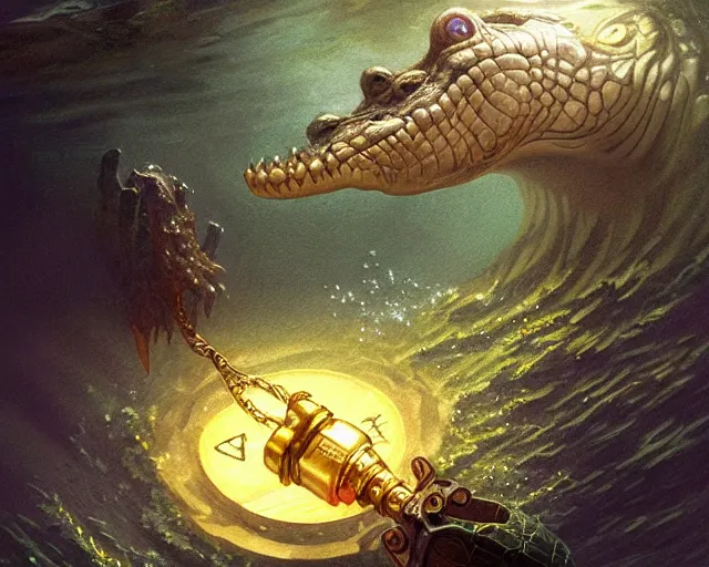 Prompt: a crocodile underwater discovering a glowing key on the bottom of a lake, deep focus, d & d, fantasy, intricate, elegant, highly detailed, digital painting, artstation, concept art, matte, sharp focus, illustration, hearthstone, art by artgerm and greg rutkowski and alphonse mucha