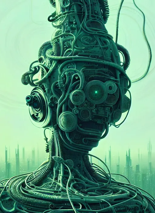 Image similar to highly detailed portrait of a biopunk long curly white hair tribal lady, stray wiring by atey ghailan, james gilleard, by joe fenton, by greg rutkowski, by greg tocchini, by kaethe butcher, 4 k resolution, gradient green, black and white color scheme!!! ( ( irradiated robotic spire landscape background ) )