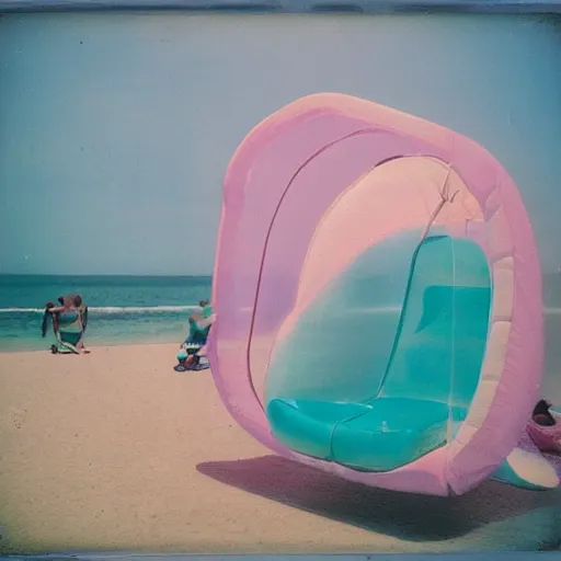 Image similar to a pastel colour high fidelity Polaroid photo from a holiday album at a seaside with abstract inflatable relaxing parachute furniture, all objects made of transparent iridescent Perspex no people, iridescence, nostalgic