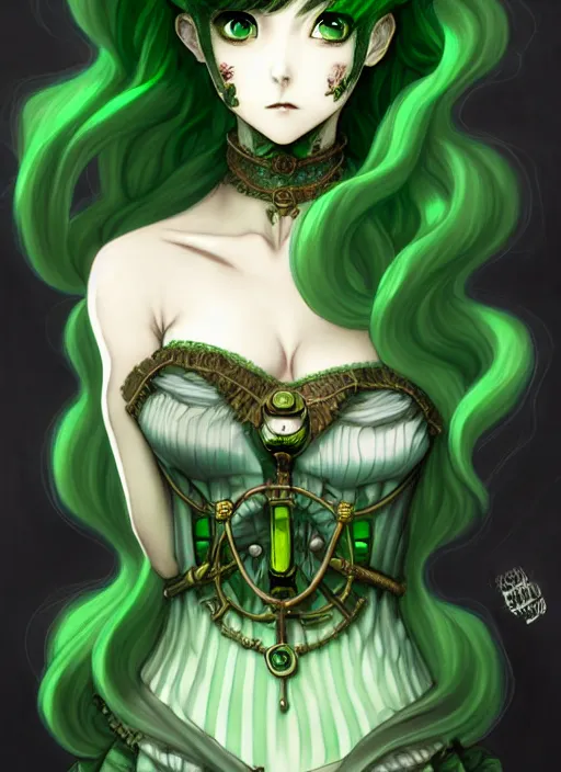 Image similar to beautiful green hair anime woman victorian dress, steampunk, fantasy, eerie, intricate details, pixiv, digital painting, artstation, concept art, 8 k, art by artgerm, loish and alohonse mucha and eiichiro oda symmetrical face symmetrical eyes