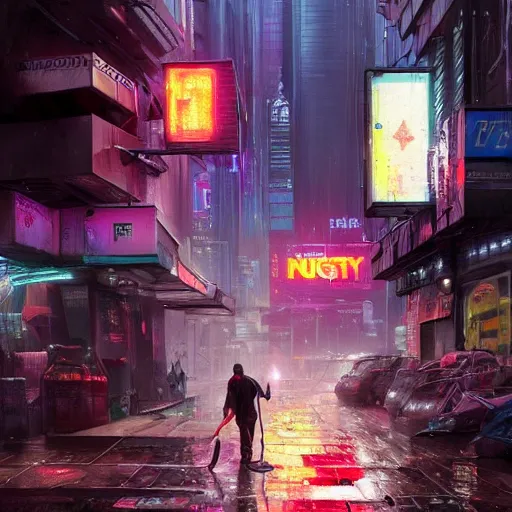 Image similar to man taking out trash near the crowded street of a cyberpunk city, rain, harsh neon lights, highly detailed, digital painting, trending on artstation, concept art, sharp focus, illustration, art by artgerm and greg rutkowski and magali villeneuve