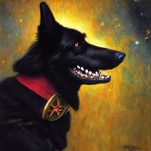 Image similar to a portrait of a black german shepard dogman canine with human eyes and mouth star trek captain red shirt. highly detailed painting by gaston bussiere craig mullins jc leyendecker gustav klimt artgerm greg rutkowski