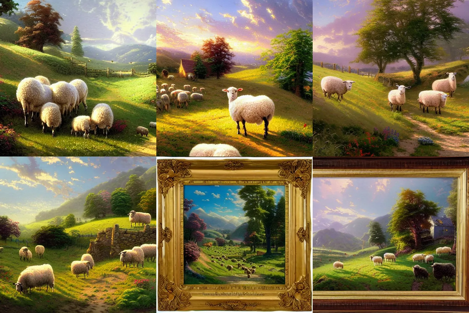 Prompt: thomas kinkade painting irish farm rolling hills with sheep