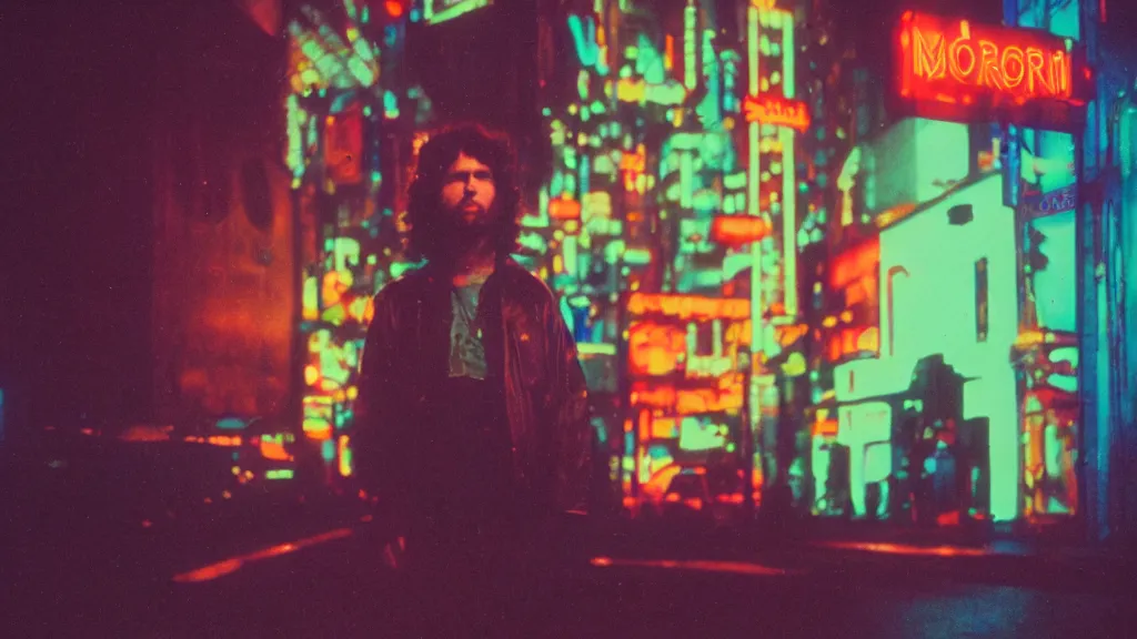 Prompt: portrait of Jim Morrison in a cyberpunk cityscape with neon lights, Cinestill 800t film photo