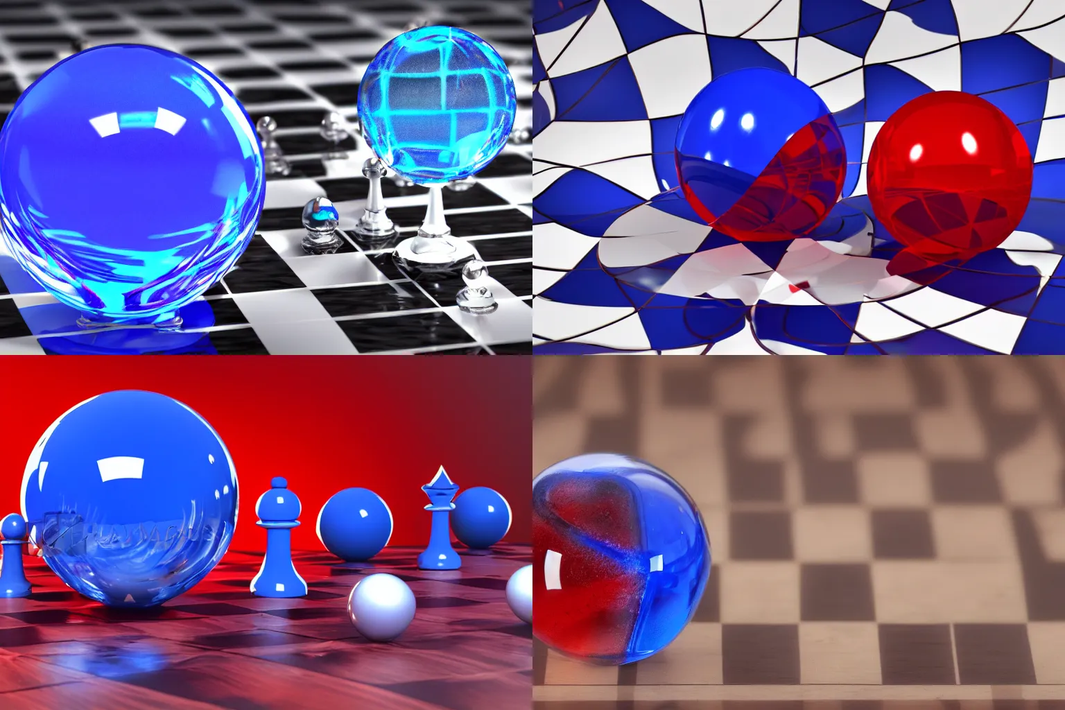 Prompt: blue glass sphere and red glass sphere colliding over a chessboard, 4K render