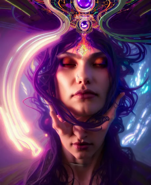 Image similar to a whirlwind of souls rushing inside the metaverse, half body, glowin eyes, tiara with sapphire, pharaoh, android, cyberpunk, d & d, fantasy, intricate, elegant, highly detailed, colorful, vivid color, digital painting, artstation, concept art, art by artgerm and greg rutkowski and alphonse mucha and ruan jia