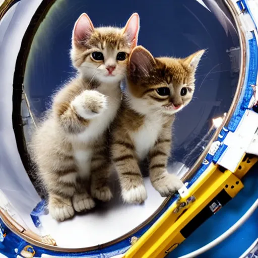 Prompt: astronaut kittens on the bridge of their spaceship, flying through space to the Webb telescope to play on it. Breathtaking high energy