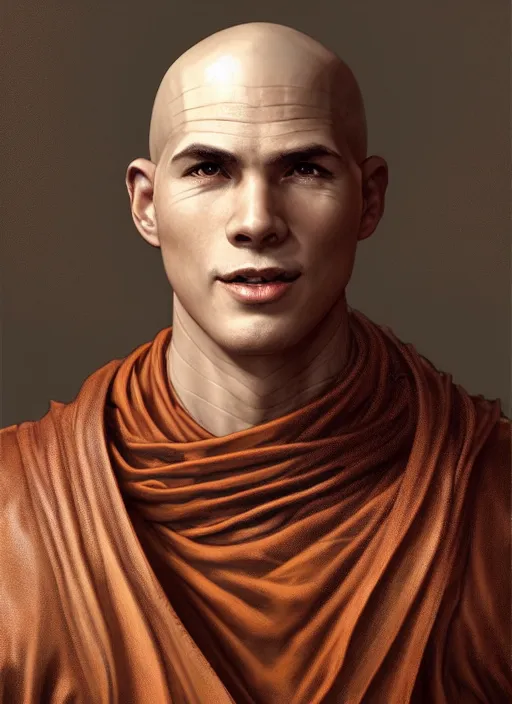 Prompt: portrait of a male monk, looking at camera, D&D, leather armor, very short buzzcut hair, intricate, elegant, stylish, cute smile, fantasy, extremely detailed, digital painting, artstation, concept art, smooth, sharp focus, illustration, ambient lighting, art by artgerm and greg rutkowski and alphonse mucha and simon stalenhag