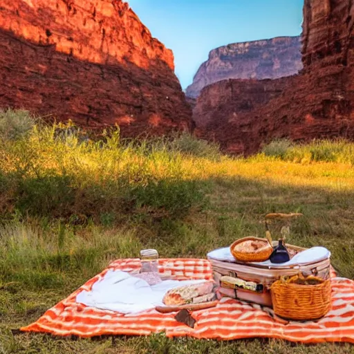 Image similar to a picnic at the bottom of the grand canyon, golden hour