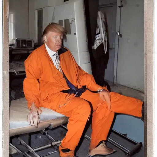 Image similar to donald trump in prison, orange prisonner uniform, photography, medium shot, filthy and humid prison, natural prison light, by terry richardson