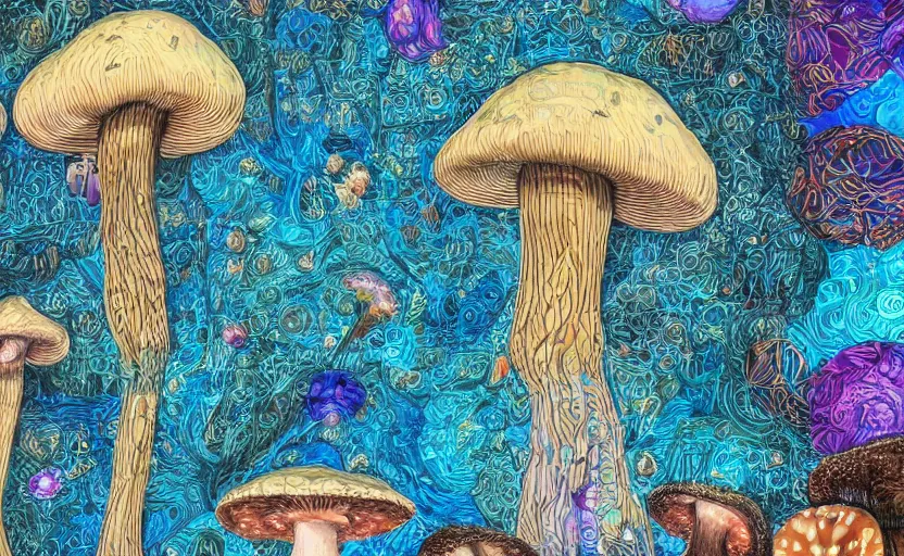 Prompt: one huge hyperdetailed elaborate mushroom, seen from the distance at night. in a wood made of paper and fabrics. 8 x 1 6 k hd mixed media 3 d collage in the style of a childrenbook illustration in pastel neon tones. shiny matte background no frame hd