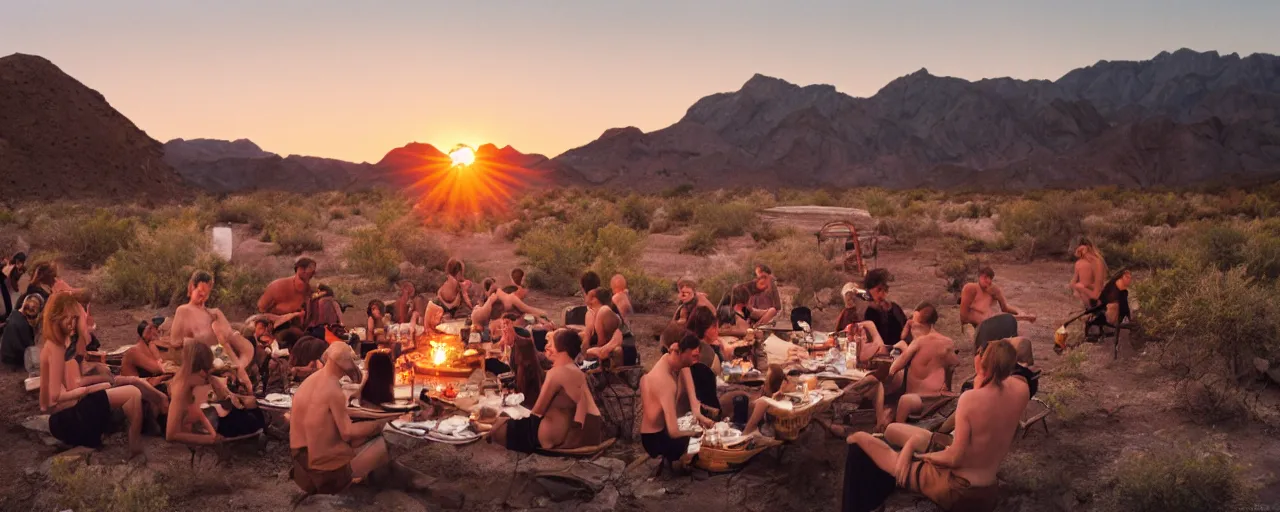 Image similar to group at a natural hot springs eating spaghetti, desert, sunset, kodachrome, in the style of wes anderson