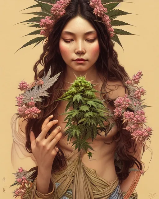 Prompt: portrait of goddess gaea, full body, decorated with cannabis buds, traditional chinese art, intricate, elegant, highly detailed, digital painting, artstation, concept art, smooth, sharp focus, illustration, art by artgerm and greg rutkowski and alphonse mucha, 8 k