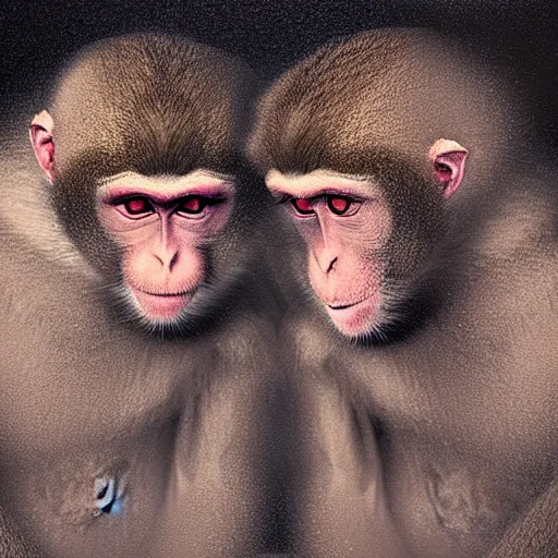 Image similar to two macaques looking at each other inside ancient cave, digital art, soft shadows, creepy art, shadman art