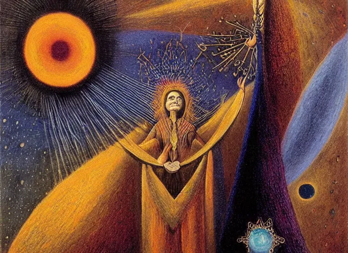 Image similar to a shaman woman holding up the cosmic!! universe, by remedios varo, reflection, symbolist, pastel colors, dramatic lighting, smooth, sharp focus, extremely detailed, aesthetically pleasing composition