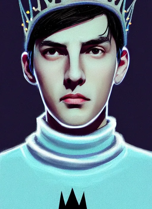 Image similar to portrait of teenage jughead jones wearing a light grey crown, crown, blue turtleneck, 1 9 5 0 s, closed eyes, photorealistic, black hair, glowing lighting, intricate, elegant, glowing lights, highly detailed, digital painting, artstation, concept art, smooth, sharp focus, illustration, art by wlop, mars ravelo and greg rutkowski