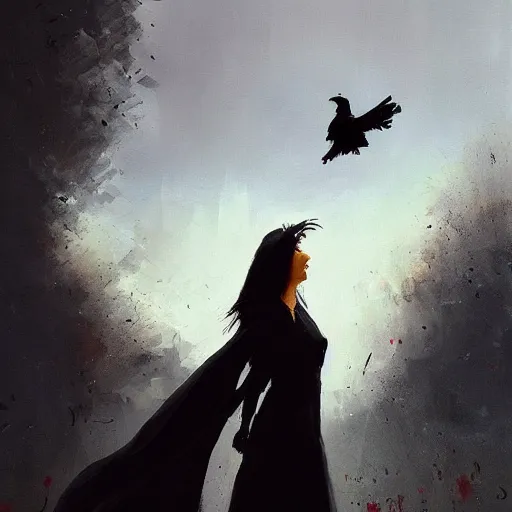 Image similar to morning, a woman in a black dress with a raven head. no face. sun, cinematic, clouds, vogue cover style, contracting colors mood, realistic painting, intricate oil painting, high detail, figurative art, poster art, by simon bisley, ismail inceoglu, wadim kashin, filip hodas. pixar theme.