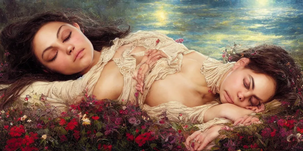 Image similar to Mila Kunis falling asleep, Lilia Alvarado, Sophie Anderson, Mark Arian, Bob Byerley, Charlie Bowater, Mark Brooks, Steve Henderson, Justin Gerard, Arthur Hughes, Edward Robert Hughes, Mark Keathley, Victor Nizovtsev, Carlos Shwabe, Ross Tran, WLOP