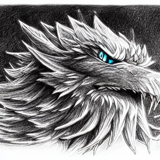 Image similar to A wide shot of griffin in the sky, colorful eyes, glowing eyes, fire, frost, angry, demonic, detailed pencil drawing, fine lines, rustic,