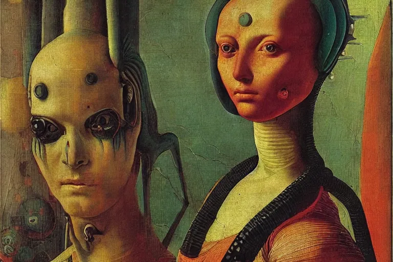 Prompt: close up portrait of a fractal punk goth alien martian girl in a fluorescent cyberpunk futuristic city, oil painting by canaletto hieronymus bosh leonardo da vinci piero della francesca botticelli