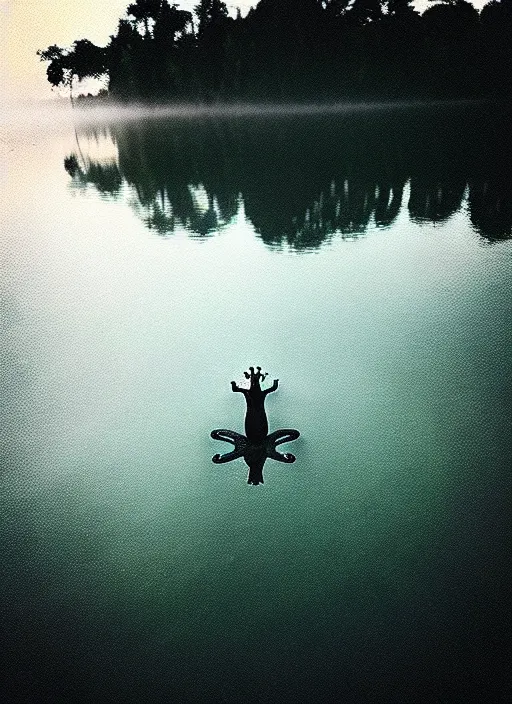 Prompt: “frog unicorn vertically hovering above misty lake waters in jesus christ pose, low angle, long cinematic shot by Andrei Tarkovsky, paranormal, eerie, mystical”