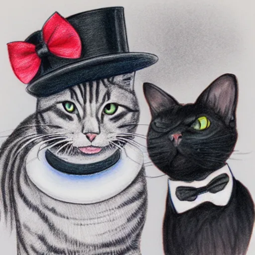 Prompt: portrait of grey tabby cat wearing a top hat and bow tie next to a black cat wearing a pearl necklace with flower headdress, detailed colored pencil drawing 4 k