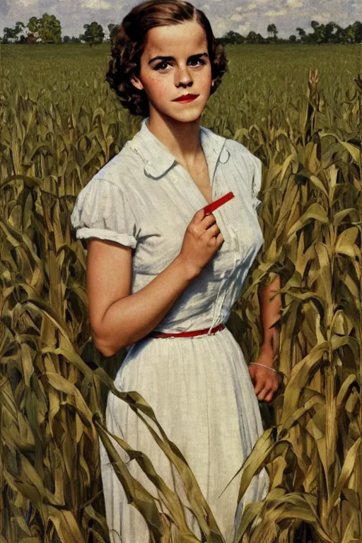 Image similar to Emma Watson in a corn field 1950s portrait by Norman Rockwell