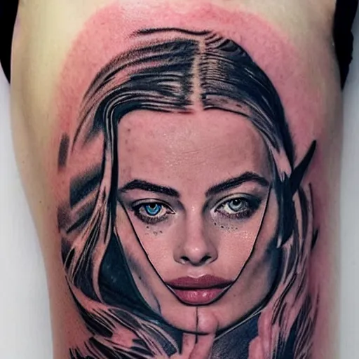 Prompt: double exposure tattoo design sketch of beautiful mountain scenery blend in margot robbie face, in the style of matteo pasqualin, amazing detail