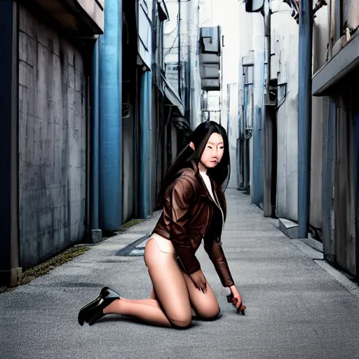 Prompt: perfect, realistic oil painting of japanese girl kneeling, in leather jacket, miniskirt, pantyhose and high heels, in sci-fi dystopian alleyway, by an American professional senior artist, Hollywood concept, dynamic composition and motion, postproduction.