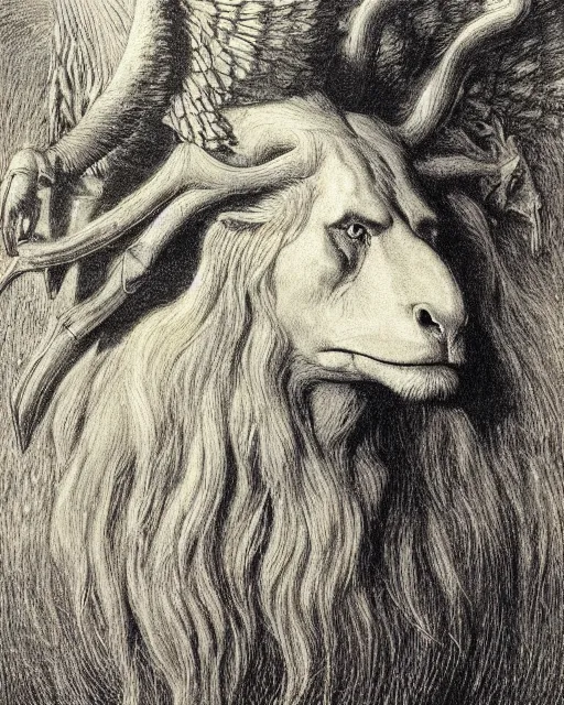 Image similar to a creature with the body and eyes of a man, with the beak of an eagle, the mane of a lion, and the horns of an ox. drawn by jean delville