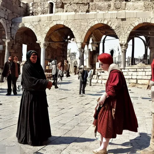 Prompt: scene from a 2 0 1 0 film set in ancient constantinople showing a woman catching a tram