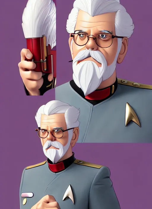 Prompt: cute star trek officer colonel sanders, natural lighting, path traced, highly detailed, high quality, digital painting, by don bluth and ross tran and studio ghibli and alphonse mucha, artgerm